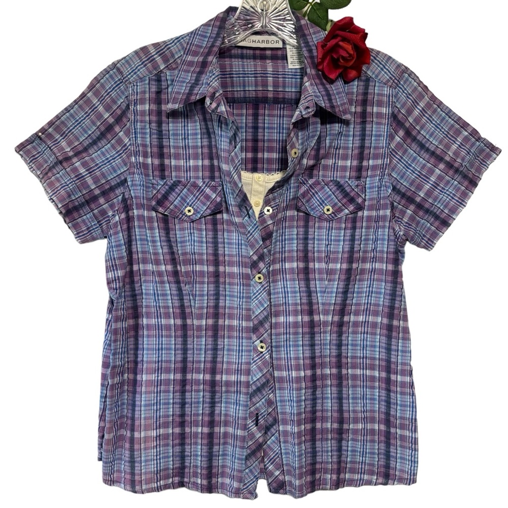 Y2K SAG HARBOR Sm Purple Plaid Button Up Camp Top Shirt With layered sewn in top